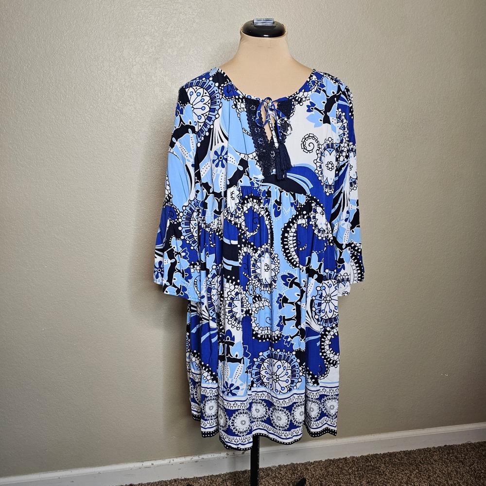 Crown & Ivy Blue Paisley Floral Babydoll Dress Crochet Tassel Cut Out Large